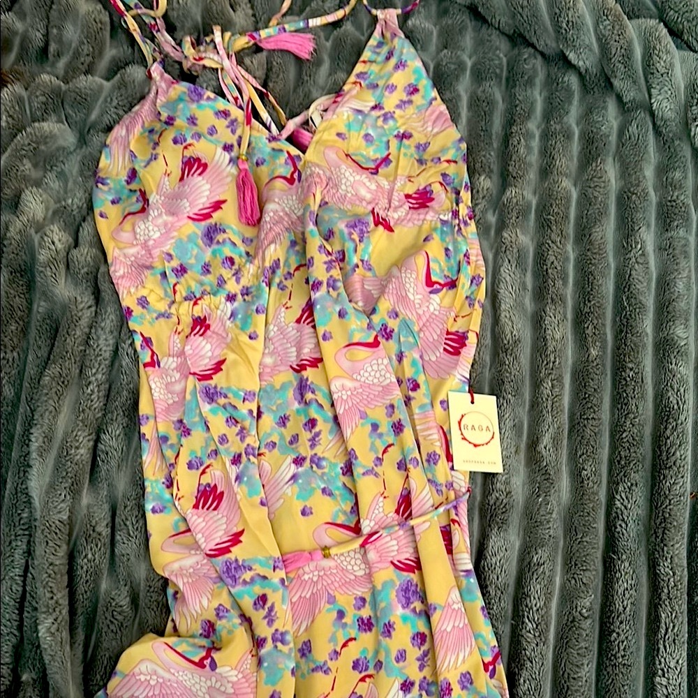 RAGA Multicolor Bird Print Silk Maxi Open Back